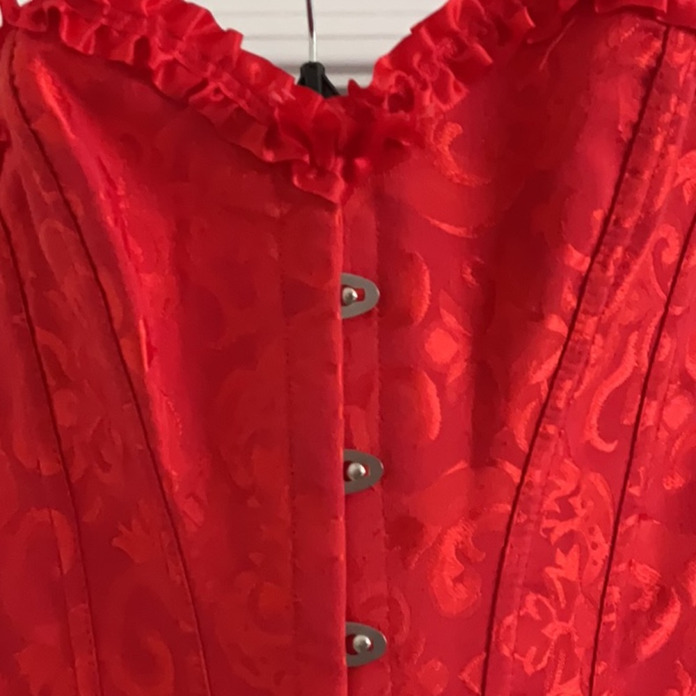 Red Satin brocade CORSET, Lisa is down the back size small. Perfect condition. - Picture 4 of 7